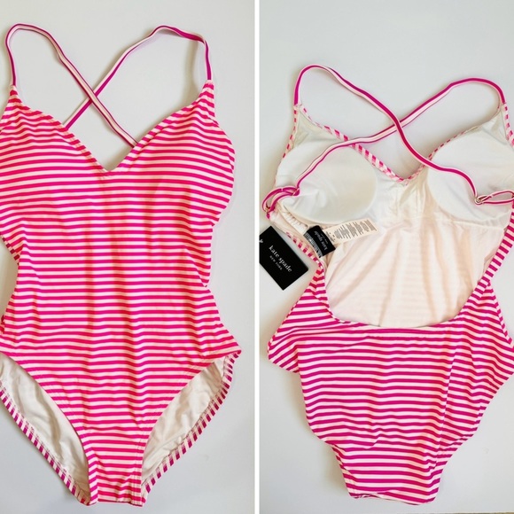 Kate Spade spaghetti strap 2 tone pink/ purple stripe onepiece low scoop back - Picture 2 of 8